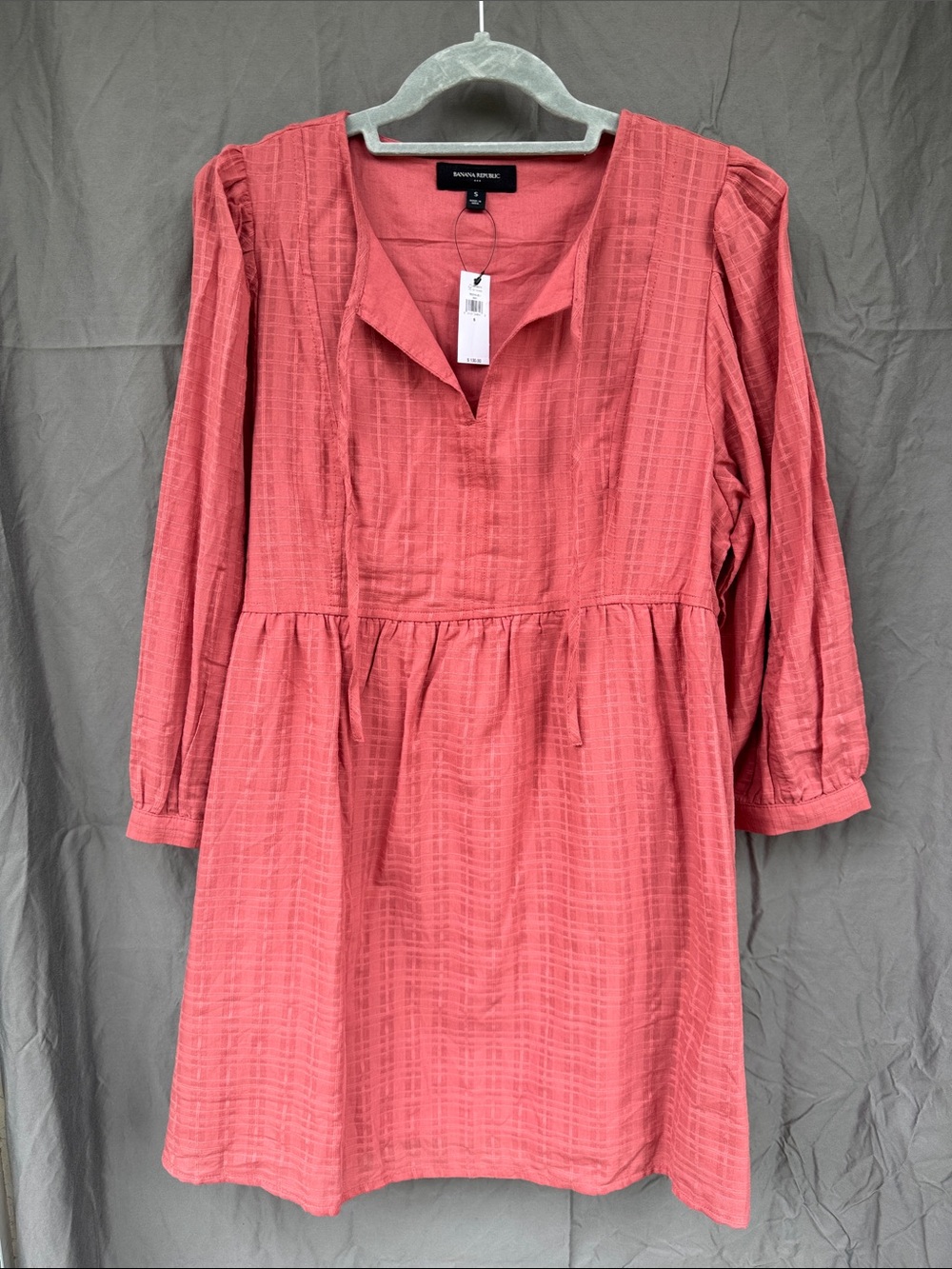 Banana Republic Coral Pink Long-Sleeve Textured Babydoll Dress